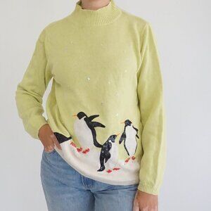 Vintage Susan Bristol Green Penguin Snowflake Christmas Sweater Holiday XL